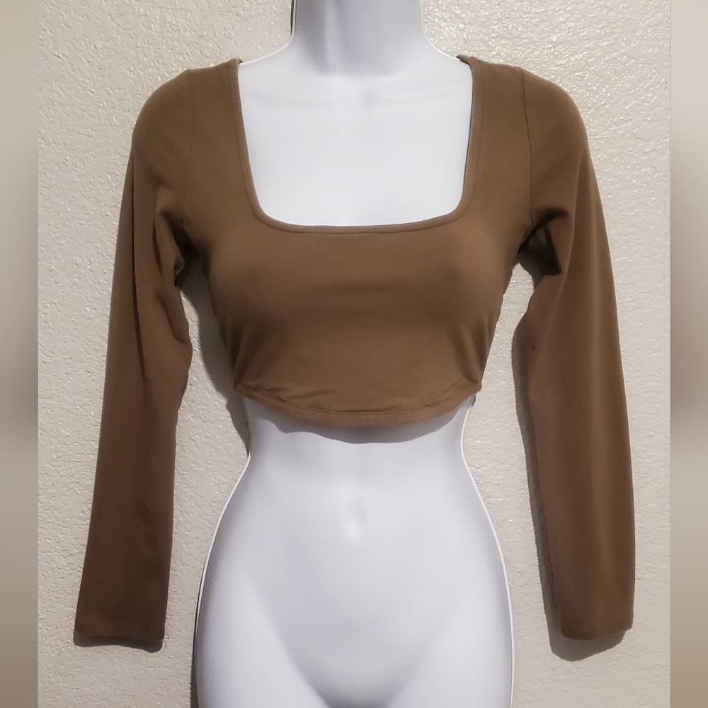 💚5/$25 Free People Beach Brown Taupe Long Sleeve Square Neck Crop Top Sz Small